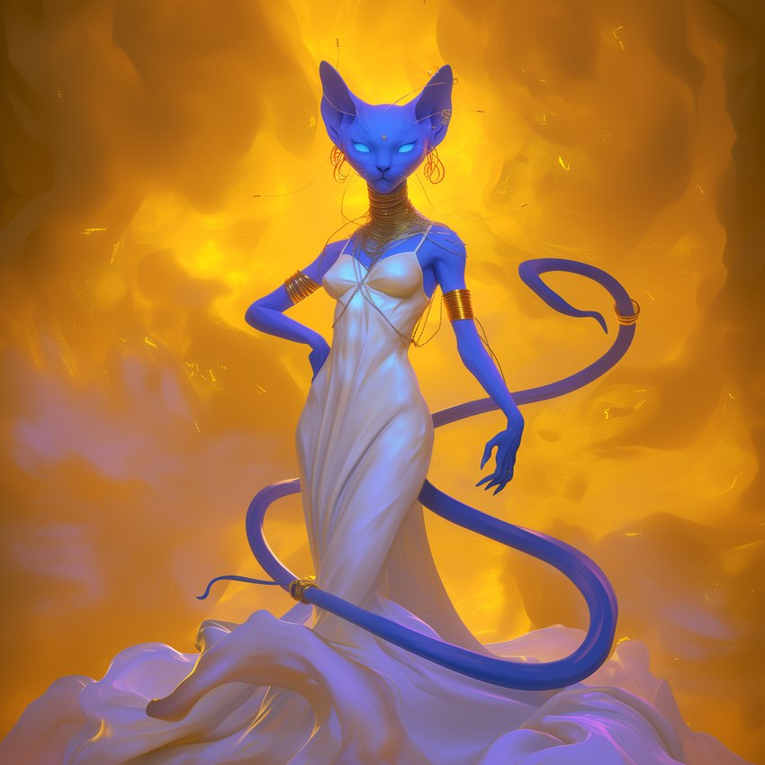 abstract_background accessory anthro armlet blue_body clothing dress ear_piercing empty_eyes female furgonomics hairless jewelry long_tail piercing ring simple_background solo tail_accessory tail_jewelry tail_ring white_clothing white_dress yellow_background sappy_(director) alien domestic_cat felid feline felis hairless_cat mammal sphynx_(cat) hi_res