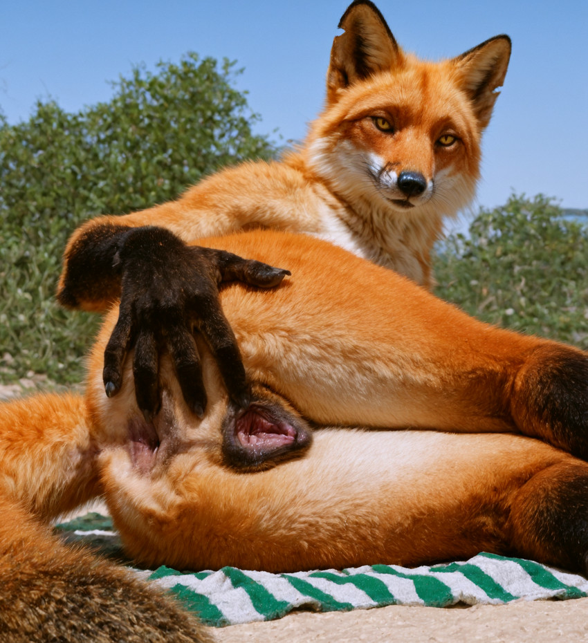anatomically_correct anatomically_correct_genitalia anatomically_correct_pussy animal_genitalia animal_pussy anthro anus beach_towel black_body black_fur butt canine_genitalia canine_pussy claws clear_sky close-up day detailed_fur detailed_pussy female fur genitals legs_together looking_at_viewer low-angle_view lying lying_on_side notched_ear on_side orange_body orange_fur outside photorealism plant presenting presenting_anus presenting_hindquarters presenting_pussy pupils pussy realistic realistic_fur realistic_lighting rear_view sand sky slit_pupils solo spread_anus spread_pussy spreading towel white_body white_fur yellow_eyes delken canid canine fox mammal red_fox detailed hi_res