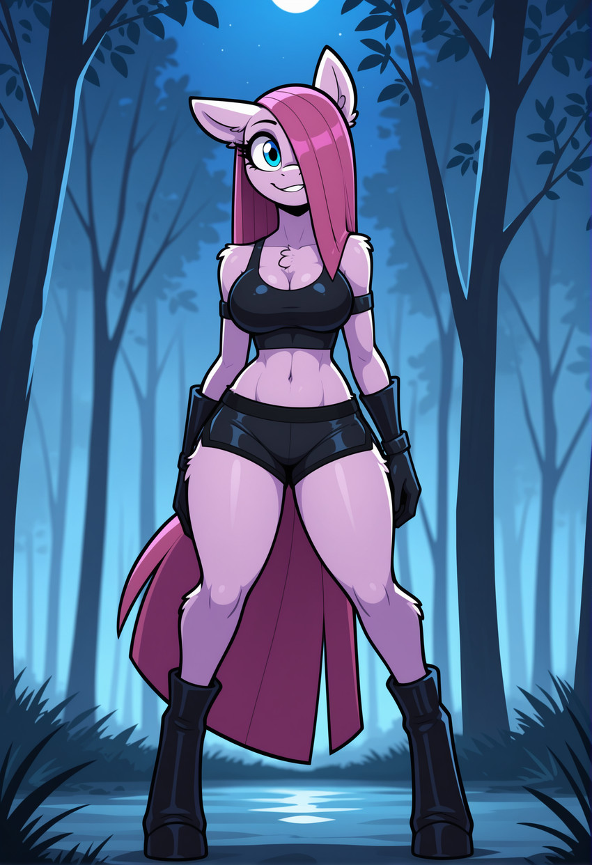 anthro black_clothing blue_eyes boots bottomwear bra chest_tuft clothing eyelashes female footwear forest grass hair hotpants leaf leather leather_boots leather_clothing leather_footwear looking_at_viewer moon night pink_body pink_hair plant shorts smile solo sports_bra standing tight_clothing tree tuft underwear thefuncave friendship_is_magic my_little_pony pinkie_pie_(mlp) equid equine horse mammal pony hi_res