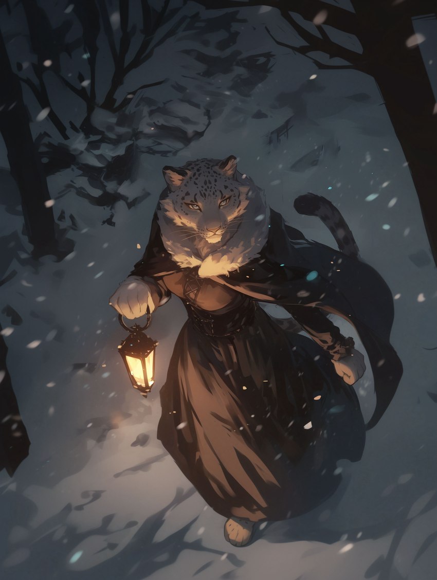 ai_assisted anthro blue_eyes clothing dress female fur holding_object lamp lantern light outside pink_nose plant snow solo tree walking white_body white_fur winter sappy_(director) felid mammal pantherine snow_leopard absurd_res hi_res lighting shaded