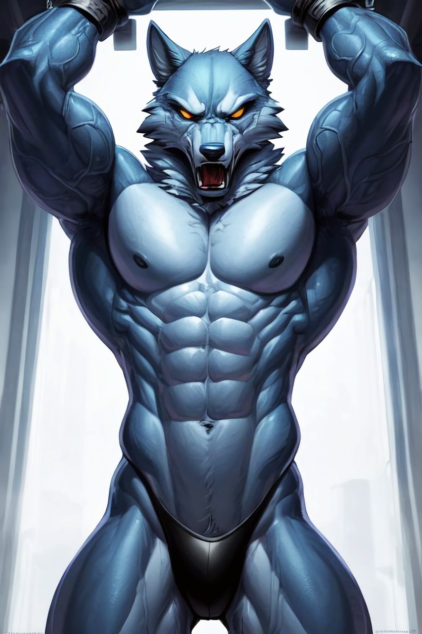 abs anthro athletic biceps bound clothing cuff_(restraint) laboratory male muscular muscular_anthro muscular_male navel nipples pecs restrained_arms restraints solo test_subject wrist_cuffs unknown_director canid canine mammal were werecanid werecanine werewolf hi_res