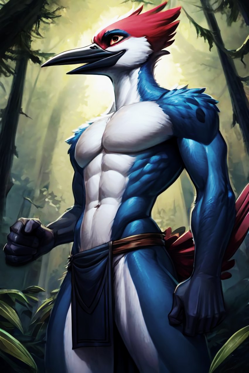 abs anthro athletic athletic_anthro athletic_male beak biceps bottomwear clothing feathers forest loincloth male pecs plant solo tail_feathers tree birdovo avian bird picid woodpecker hi_res