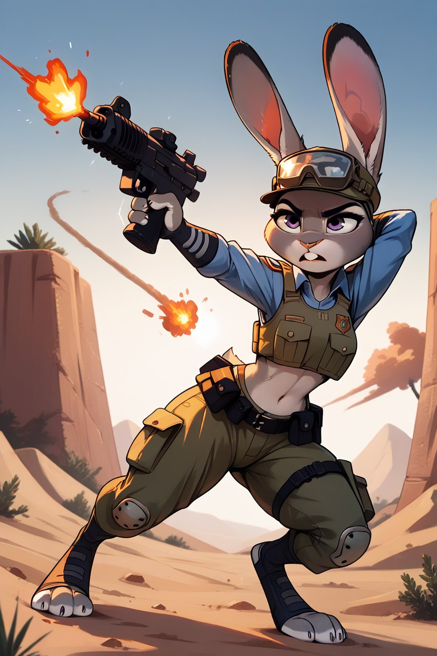 angry anthro belt bottomwear clothing ears_up eyewear female goggles gun hat headgear headwear holster military_uniform narrowed_eyes outdoors pants pose raised_arm ranged_weapon solo topwear uniform vest weapon zootopia anonymous_director judy_hopps lagomorph leporid mammal rabbit hi_res