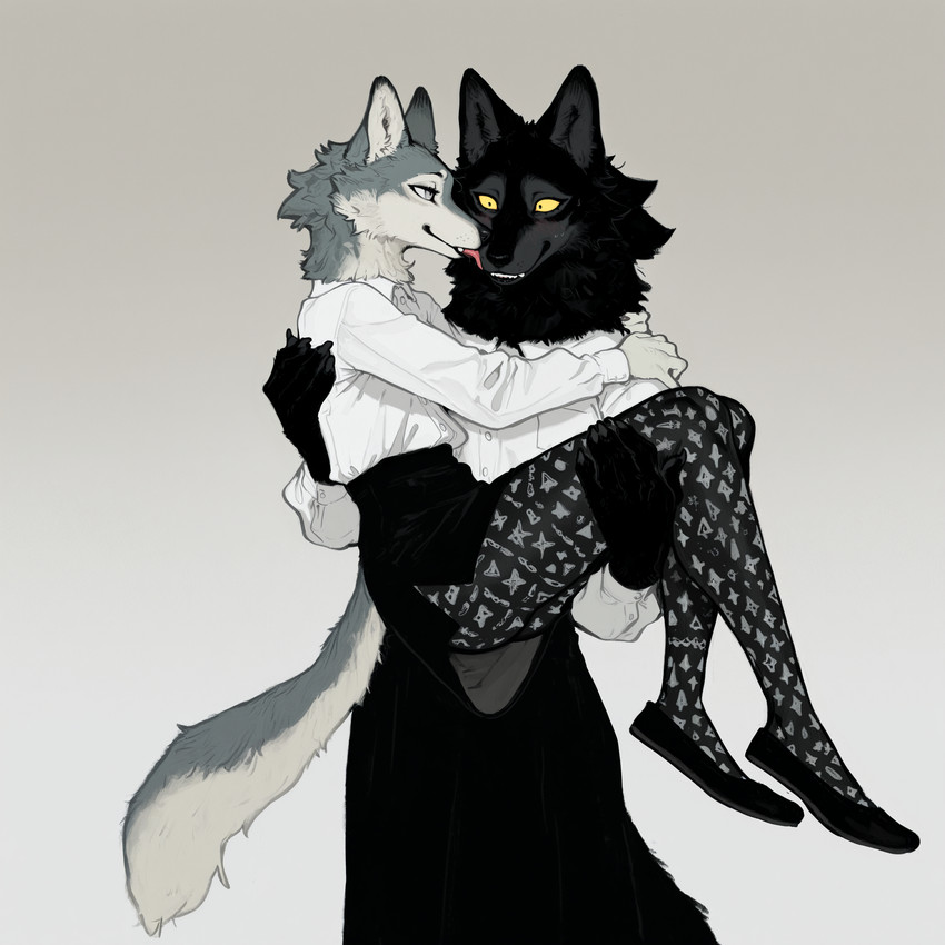 black_body black_fur black_nose bottomwear bridal_carry carrying carrying_another carrying_partner clothed clothing dress_shirt duo face_lick female female/female footwear fur grey_body grey_fur inner_ear_fluff legwear licking multicolored_body pattern_clothing shirt shoes simple_background skirt smile standing stockings teeth tongue tongue_out topwear tuft white_body white_fur yellow_eyes anotheranon canid canine canis mammal wolf hi_res