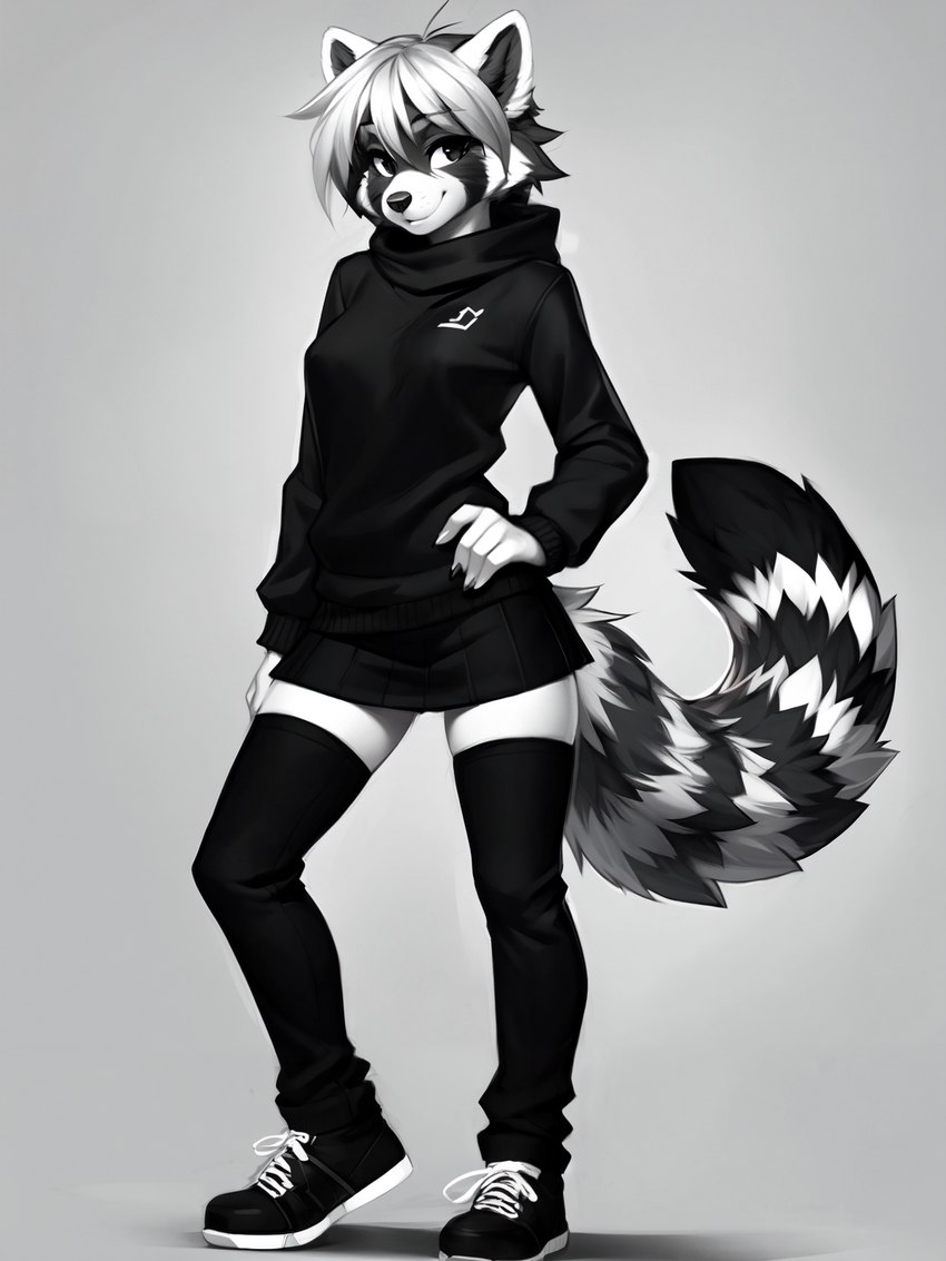 anthro bottomwear cheek_tuft clothed clothing facial_tuft female fluffy fluffy_tail footwear fur hair hand_on_hip hoodie inner_ear_fluff legwear markings miniskirt multicolored_body multicolored_fur pose shoes short_hair simple_background skirt smile sneakers solo standing stockings striped_markings striped_tail stripes sweater tail_markings thigh_highs topwear tuft yiffymix_(model) snowshoes ailurid mammal red_panda hi_res monochrome