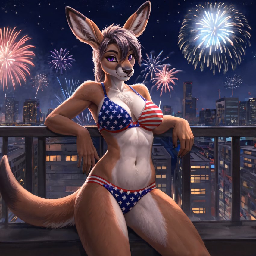 4th_of_july american_flag_bikini anthro bikini breasts chest_tuft city city_background clothing countershading dipstick_ears dipstick_tail female fireworks flag_bikini fur looking_at_viewer markings medium_breasts multicolored_ears night purple_eyes solo stars_and_stripes swimwear tail_markings tan_body tan_fur tuft united_states_of_america hydra_(director) kangaroo macropod mammal marsupial hi_res portrait three-quarter_portrait