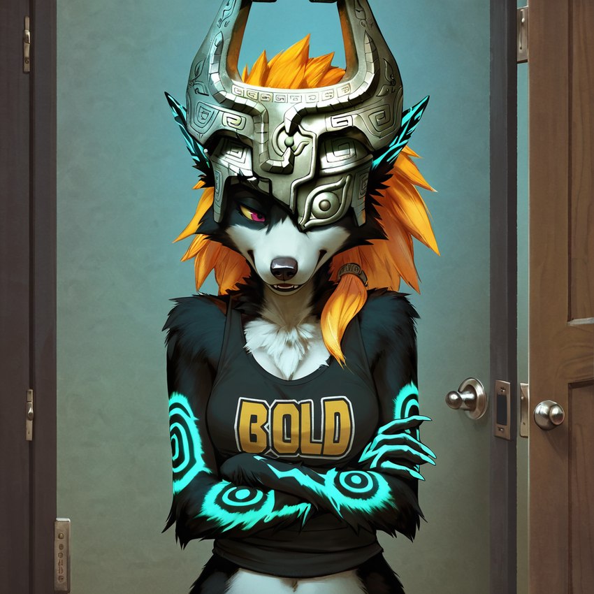 alternate_species anthro anthrofied armor black_body black_fur black_nose blonde_hair breasts chest_tuft claws cleavage clothed clothing crossed_arms door facial_tuft fangs female front_view fur furrification glowing glowing_markings hair headgear helmet looking_at_viewer markings midriff multicolored_body multicolored_fur narrowed_eyes navel orange_hair purple_eyes red_eyes shirt smile solo tank_top teeth text text_on_clothing topwear tuft two_tone_body white_body white_fur yellow_sclera anonymous_director midna canid canine canis humanoid mammal twili wolf english_text portrait