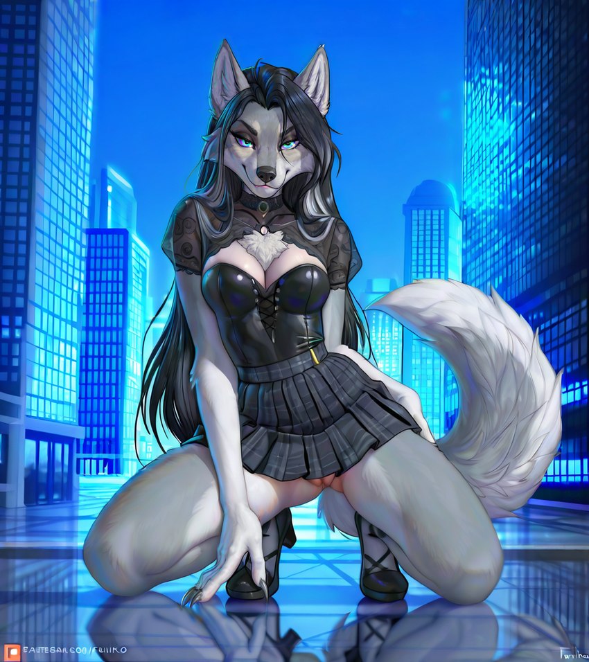 anthro bedroom_eyes bottomless clothed clothing dress female footwear genitals kneeling_on_ground looking_at_viewer narrowed_eyes pussy seductive shoes solo street denis0k canid canine canis mammal wolf