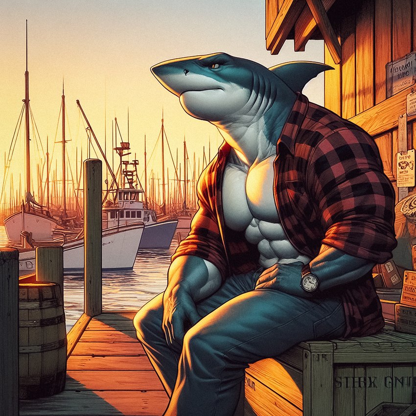 abs anthro arm_on_leg barrel big_abs big_forearm_muscles big_muscles big_pecs biped black_pupils blue_body blue_bottomwear blue_clothing blue_jeans blue_pants blue_skin boat bottomwear box clock clothed clothed_anthro clothed_male clothing container countershade_arms countershade_face countershade_neck countershade_skin countershade_torso countershading crate dall-e_3 day denim denim_bottomwear denim_clothing detailed_background dock evening fin forearm_muscles gills hand_on_leg hand_on_own_leg head_fin humanoid_hands jeans light male manly mouth_closed multicolored_body multicolored_skin muscular muscular_anthro muscular_arms muscular_male open_clothing open_shirt open_topwear orange_eyes outside pants pattern_clothing pattern_shirt pattern_topwear pecs plaid plaid_clothing plaid_shirt plaid_topwear pupils red_clothing red_shirt red_topwear sailing_boat sailing_watercraft shadow shirt side_view sitting sky solo sunlight sunset thick_neck topwear two_tone_body two_tone_skin vehicle watch water watercraft white_body white_countershading white_skin wristwatch yellow_sky zenithwolf fish lamniform marine shark 1:1 2024 digital_media_(artwork) hi_res lighting portrait shaded three-quarter_portrait