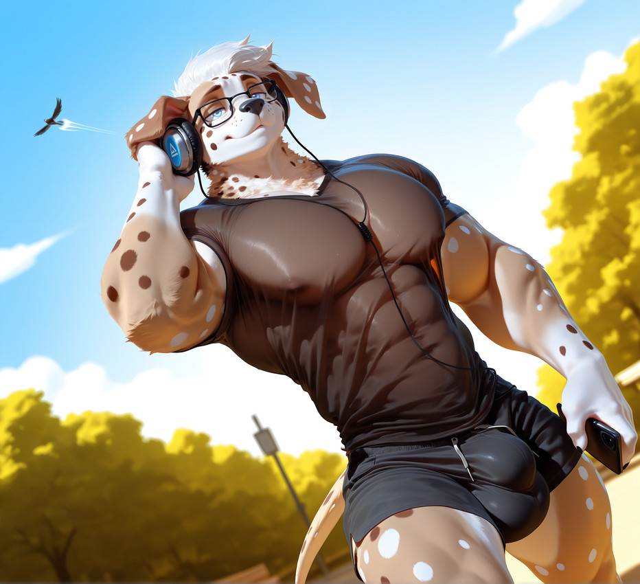 abs anthro biceps big_pecs bottomwear brown_body brown_fur bulge clothing dutch_angle eyewear floppy_ears fur glasses hair half-closed_eyes headphones holding_object holding_phone low-angle_view male markings multicolored_body multicolored_fur muscular muscular_anthro muscular_male narrowed_eyes nipples outside park pecs phone shirt shorts smile solo spots spotted_markings topwear translucent translucent_clothing translucent_topwear two_tone_body two_tone_fur white_body white_fur white_hair doggyai canid canine canis dalmatian domestic_dog mammal hi_res