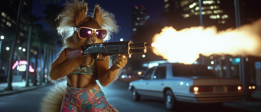 1980s_theme anthro brown_body brown_fur car cinematic eyewear female fur gun inner_ear_fluff miami palm_tree plant ranged_weapon shotgun solo solo_focus sunglasses sunglasses_at_night tree tuft vehicle weapon bahufaru sedan mammal rodent sciurid absurd_res hi_res