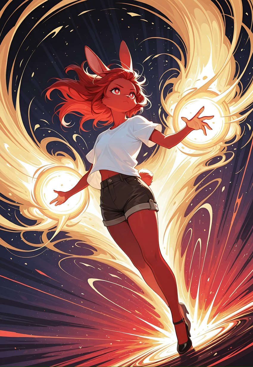 abstract_background anthro black_bottomwear black_clothing black_footwear black_shoes black_shorts bottomwear breasts clothing dutch_angle energy female floating footwear fur hair high_heels looking_up navel pupils rabbit_ears red_body red_eyes red_fur red_hair scut_tail serious shirt short_tail shorts small_breasts small_tail solo solo_focus t-shirt topwear white_clothing white_pupils white_shirt white_t-shirt white_topwear mlaofmd lagomorph leporid mammal rabbit 2025 absurd_res hi_res red_theme