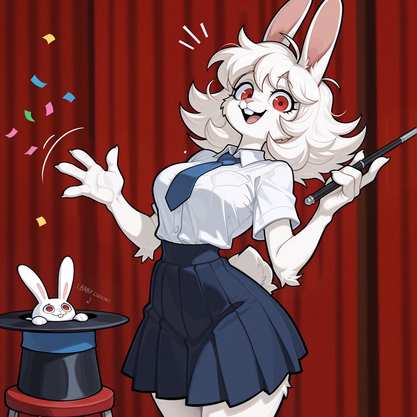 anthro bottomwear clothing confetti curtains female furniture hat headgear headwear necktie school_uniform skirt smile solo stool uniform wand anonymous_director lagomorph leporid mammal rabbit hi_res