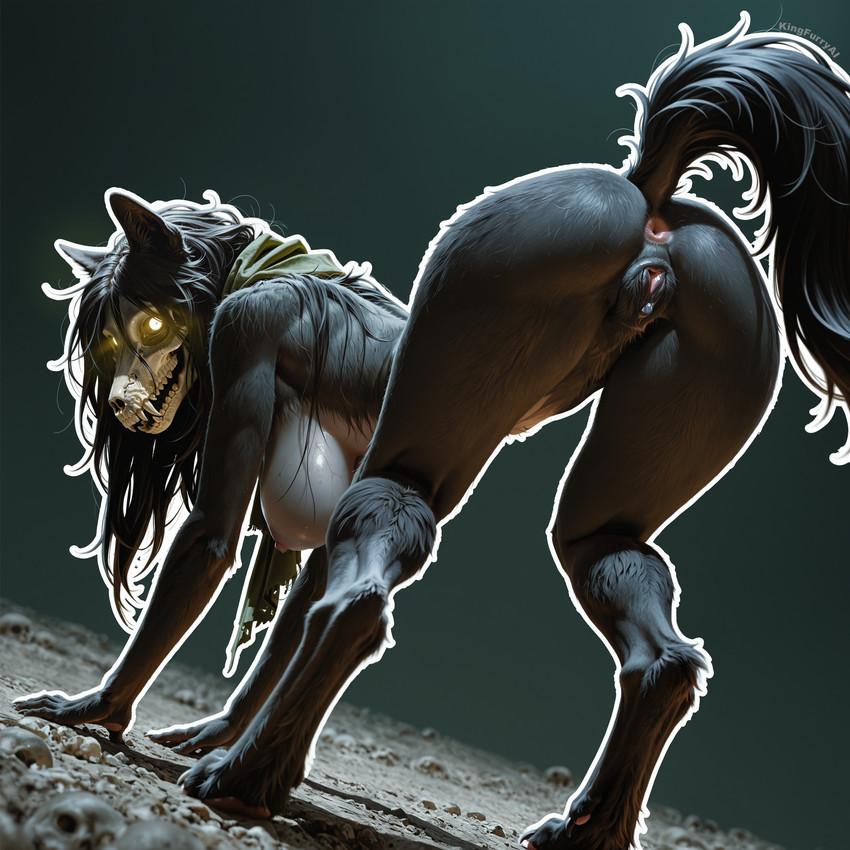 all_fours animal_genitalia animal_pussy anthro anus ass_up bent_over big_breasts black_body black_fur black_hair black_pussy black_tail bone breasts butt canine_genitalia canine_pussy digitigrade fangs female fur genitals glowing glowing_eyes green_scarf hair handpaw hanging_breasts hip_tuft long_hair long_tail looking_at_viewer looking_back looking_back_at_viewer nipples open_mouth outline pawpads paws pink_anus presenting presenting_hindquarters pussy raised_tail scarf shoulder_tuft simple_background skull skull_head solo teeth thick_outline tuft white_outline yellow_eyes kingfurryai scp_foundation scp-1471-a canid canine canis cryptid mammal wolf absurd_res hi_res