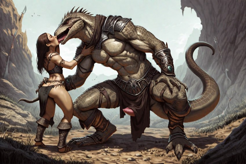 anthro barbarian bottomwear butt cloacal_cock clothed clothing duo female female_on_anthro french_kissing genitals kissing loincloth male male/female male_on_human partially_clothed penis poking_out skimpy hyperion human mammal