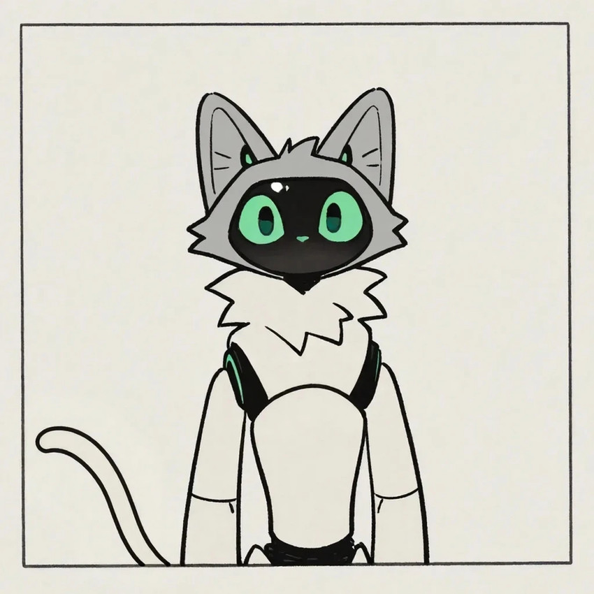ambiguous_gender anthro border cat_tail fur green_eyes grey_hair hair machine mouthless simple_background solo tuft upper_body visor white_background white_body white_fur direfelis_(director) android felid feline mammal robot 1:1