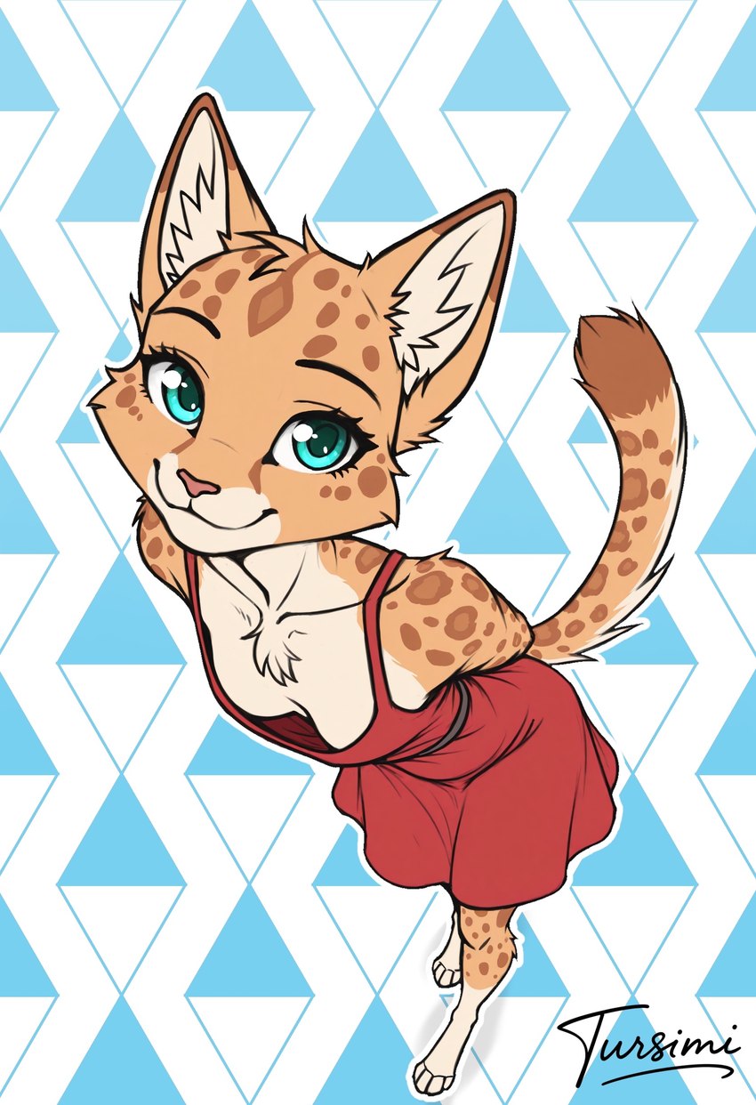 anthro blue_eyes breasts cheek_tuft chest_tuft clothing downblouse dress eyelashes facial_tuft female foreshortening fur hands_behind_back head_tilt head_tuft inner_ear_fluff leaning leaning_forward looking_at_viewer looking_up_at_viewer pattern_background paws pink_nose raised_tail red_clothing red_dress simple_background small_breasts smile smiling_at_viewer solo spots spotted_body spotted_fur standing tan_body tan_fur tuft tursimi felid feline mammal absurd_res full-length_portrait hi_res portrait signature