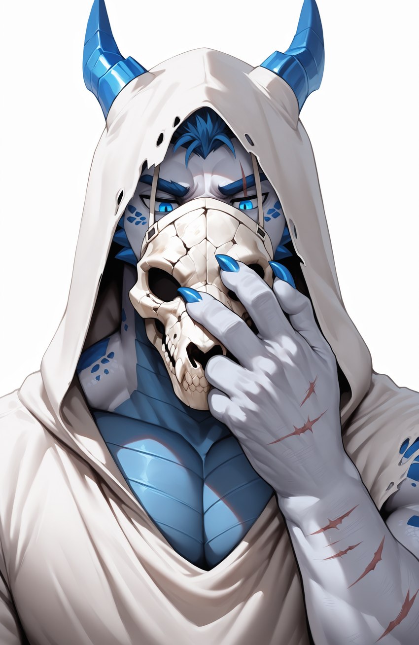 anthro blue_chest blue_claws blue_eyebrows blue_eyes blue_hair blue_horn blue_spikes blue_spots claws clothing eyebrows facial_spikes hair hood_up horn jaw_spikes male mask muscular scar simple_background skull_mask solo spikes spikes_(anatomy) spots torn_clothing two-tone_body white_background white_body white_clothing adzyx3m_(director) adzyx3m dragon absurd_res bust_portrait hi_res portrait