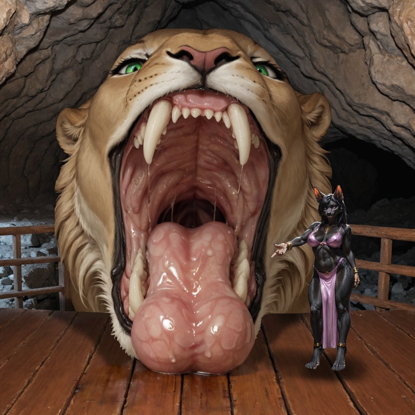 anthro black_body black_fur bodily_fluids breasts duo female feral fur imminent_vore looking_at_viewer mouth_shot open_mouth saliva teeth tongue vore exiled-tiger korsima mbali_(exiled-tiger) anubian_jackal canid canine canis felid jackal lion mammal pantherine absurd_res hi_res