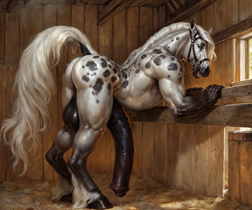 anatomically_correct anatomically_correct_genitalia anatomically_correct_penis animal_genitalia animal_penis anthro anus backsack balls barn bent_over biceps big_balls big_penis biped black_balls black_body black_fur black_penis bodily_fluids bridle butt detailed_background dripping equine_genitalia equine_penis erection fetlocks fingers flared_penis fur genital_fluids genitals glistening hair half-erect harness hay hooves huge_balls huge_penis hyper hyper_balls hyper_genitalia hyper_penis inside leaking_precum leaning light long_penis looking_at_viewer looking_back male mane markings medial_ring mottled mottled_body multicolored_body multicolored_fur muscular muscular_anthro muscular_male nude nude_male open_mouth pecs penis precum precum_drip precum_string presenting presenting_hindquarters puffy_anus raised_tail saggy_balls smile snout solo spots spotted_body spotted_fur stable standing sunlight teeth tongue triceps vein veiny_penis white_body white_fur white_hair white_mane wood anonymous_director equid equine horse mammal detailed