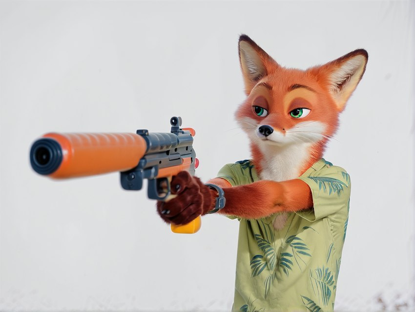 anthro clock gun handgun male ranged_weapon silencer simple_background solo unimpressed watch weapon white_background wristwatch zootopia mack_(director) nick_wilde canid canine fox mammal