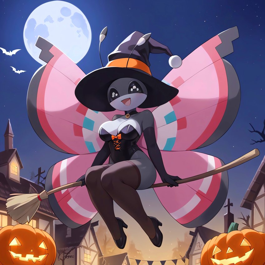 anthro breasts female halloween happy magic_user moon night solo wings witch witch_clothes gobabsnow pokemon arthropod generation_6_pokemon pokemon_(species) vivillon invalid_tag sfw absurd_res hi_res