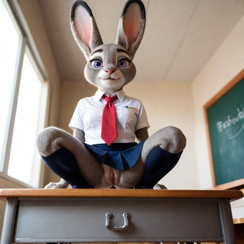 anthro clothed clothing crouching desk female flashing flashing_pussy footwear furniture genitals knee_highs knee_socks legwear low-angle_view no_underwear on_desk pussy school_uniform socks solo table uniform upskirt furryranch disney zootopia judy_hopps lagomorph leporid mammal rabbit