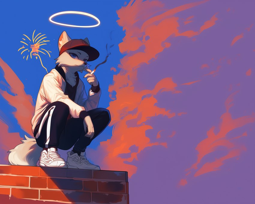 anthro baseball_cap cigarette clothing fireworks footwear halo hat headgear headwear jacket male shoes solo topwear track_pants white_clothing white_jacket white_topwear sappy_(director) angel arctic_fox canid canine fox mammal hi_res