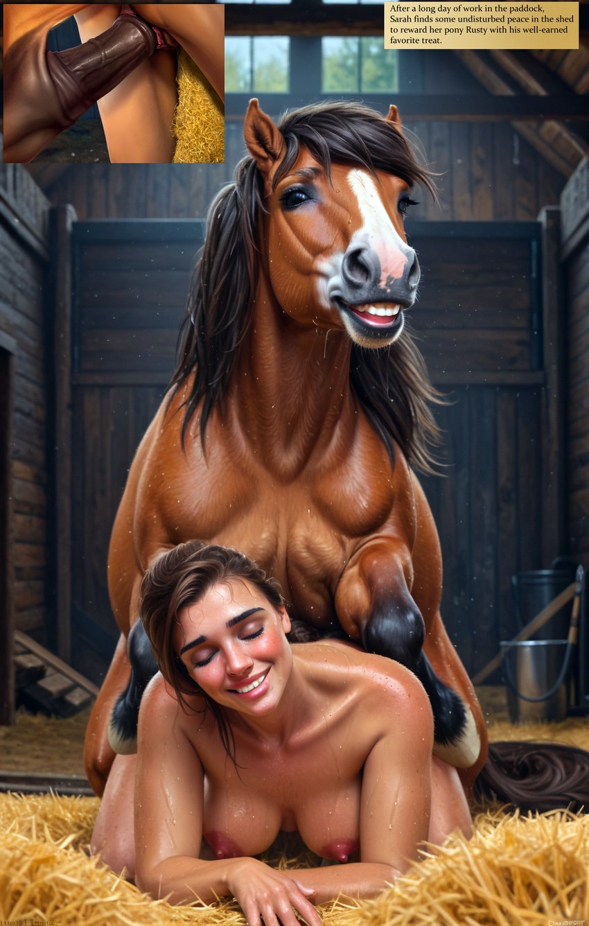 anatomically_correct anatomically_correct_genitalia bestiality breasts brown_body brown_fur brown_mane duo exposed_breasts female female_on_feral feral fur genitals hooves human_on_feral interspecies male male/female mane penetration penis pussy stable straw teeth tongue vaginal vaginal_penetration vermilion888 equid equine horse human mammal absurd_res hi_res