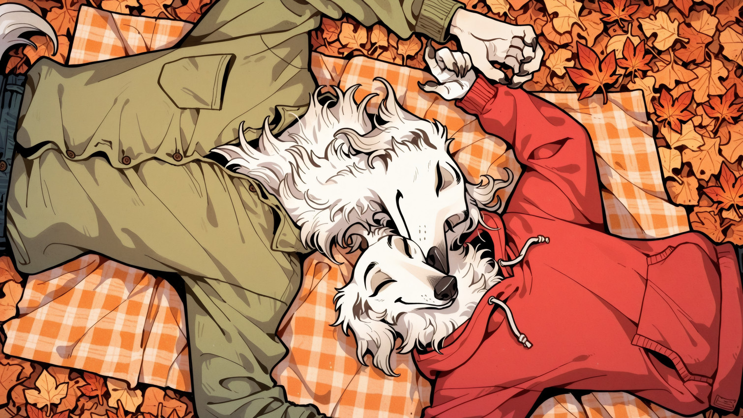 5_fingers autumn bedding black_nose blanket bottomwear brother brother_and_sister claws clothed clothing denim denim_bottomwear denim_clothing duo eyes_closed female fingers fur hoodie jeans leaf lying male on_back outside pants romantic sibling sister smile topwear tuft white_body white_fur anotheranon borzoi canid canine canis domestic_dog hunting_dog mammal sighthound absurd_res hi_res widescreen