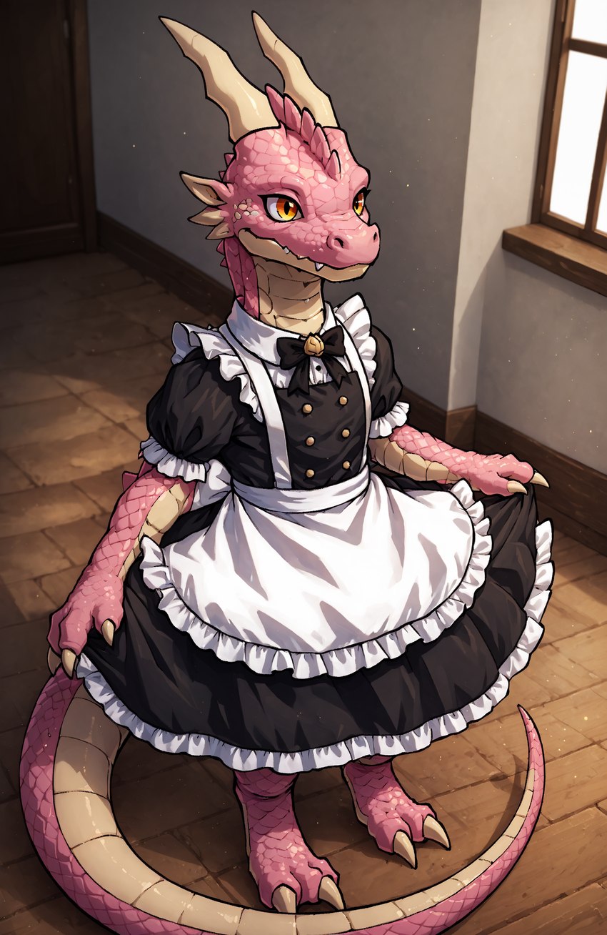 2_toes anthro blush clothed clothing feet female hallway horn maid_uniform multicolored_body multicolored_scales pink_body pink_scales raised_clothing scales solo toes two_tone_body two_tone_scales uniform window acryliccai kobold scalie tail absurd_res detailed digital_media_(artwork) hi_res