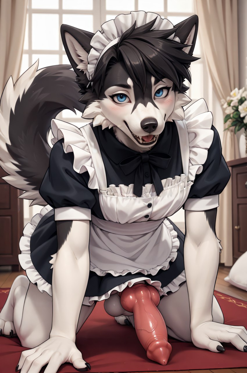 anatomically_correct anatomically_correct_genitalia anatomically_correct_penis animal_genitalia animal_penis anthro balls big_penis black_body black_claws black_fur black_hair black_nose blue_eyes blush bottomless canine_penis claws clothed clothing curtains curtains_open drawers femboy fluffy fluffy_tail front_view fur genitals girly hair kneeling kneeling_on_ground knot looking_at_viewer maid_headdress maid_uniform male open_mouth penis pillow pink_tongue plant red_penis rug sharp_teeth sheath solo teeth tongue uniform vein veiny_penis white_body white_fur window yiffybee canid canine canis domestic_dog husky mammal nordic_sled_dog spitz absurd_res hi_res