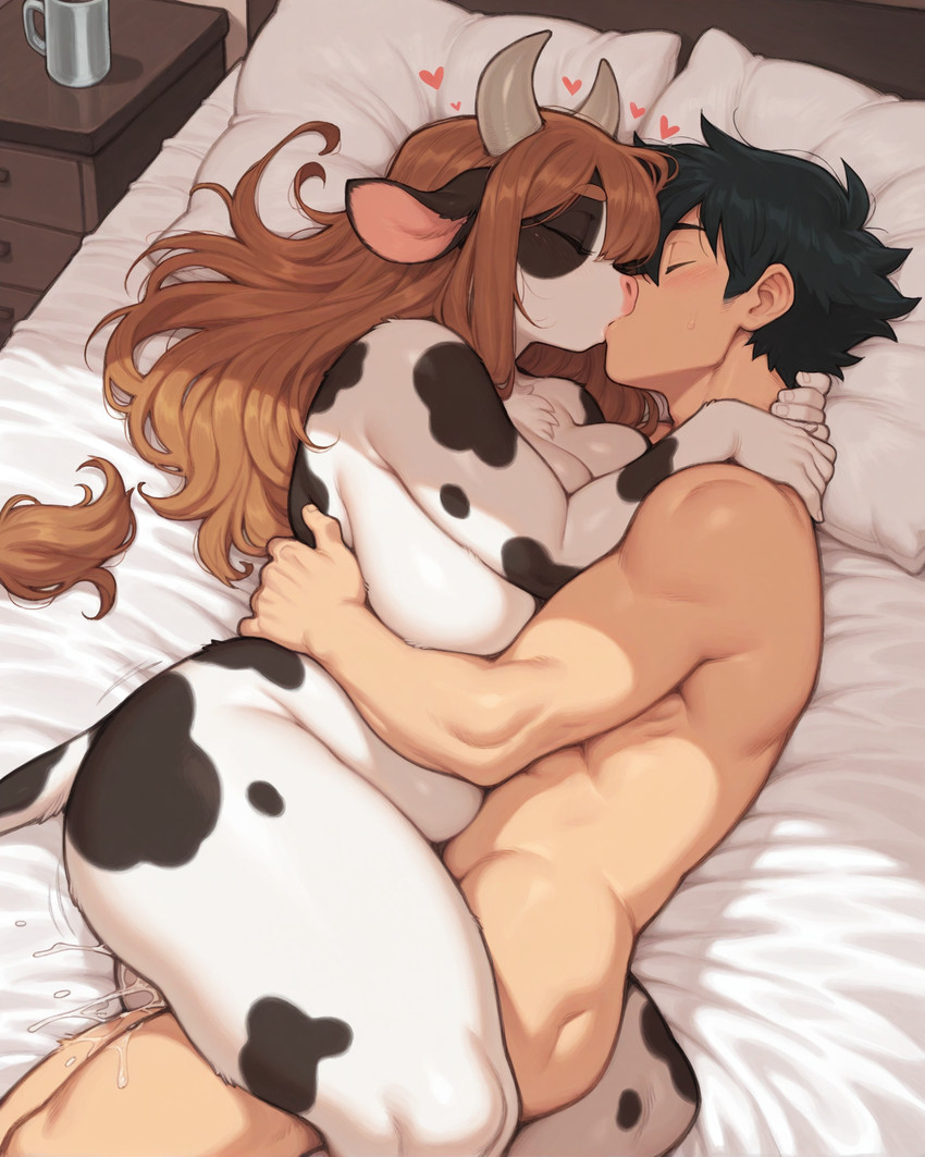 <3 ambiguous_penetration anthro anthro_penetrated bed black_body black_fur black_hair bodily_fluids breasts brown_hair cum duo embrace female fur furniture genital_fluids hair horn hug human_on_anthro human_penetrating human_penetrating_anthro interspecies kissing lying lying_on_bed male male/female on_bed pale_skin penetration pillow pink_nose sex spots spotted_body spotted_fur tail tail_tuft tuft white_body white_fur goonsmith bovid bovine cattle human mammal hi_res