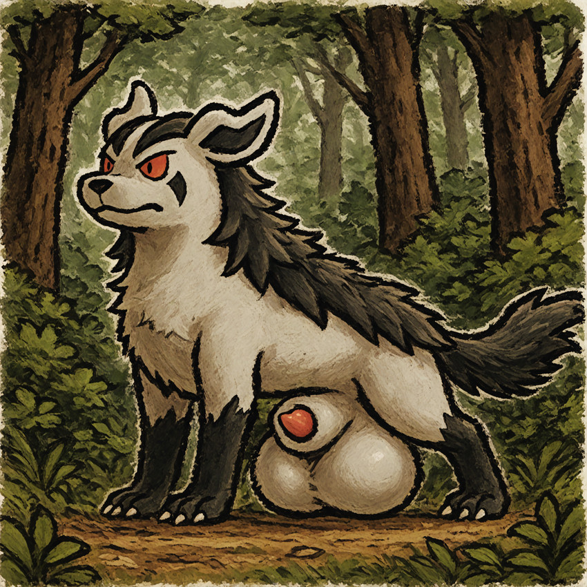 animal_genitalia balls big_balls duo feral forest genitals male penis penis_tip plant sheath tree thedavid nintendo pokemon generation_3_pokemon mightyena pokemon_(species) hi_res