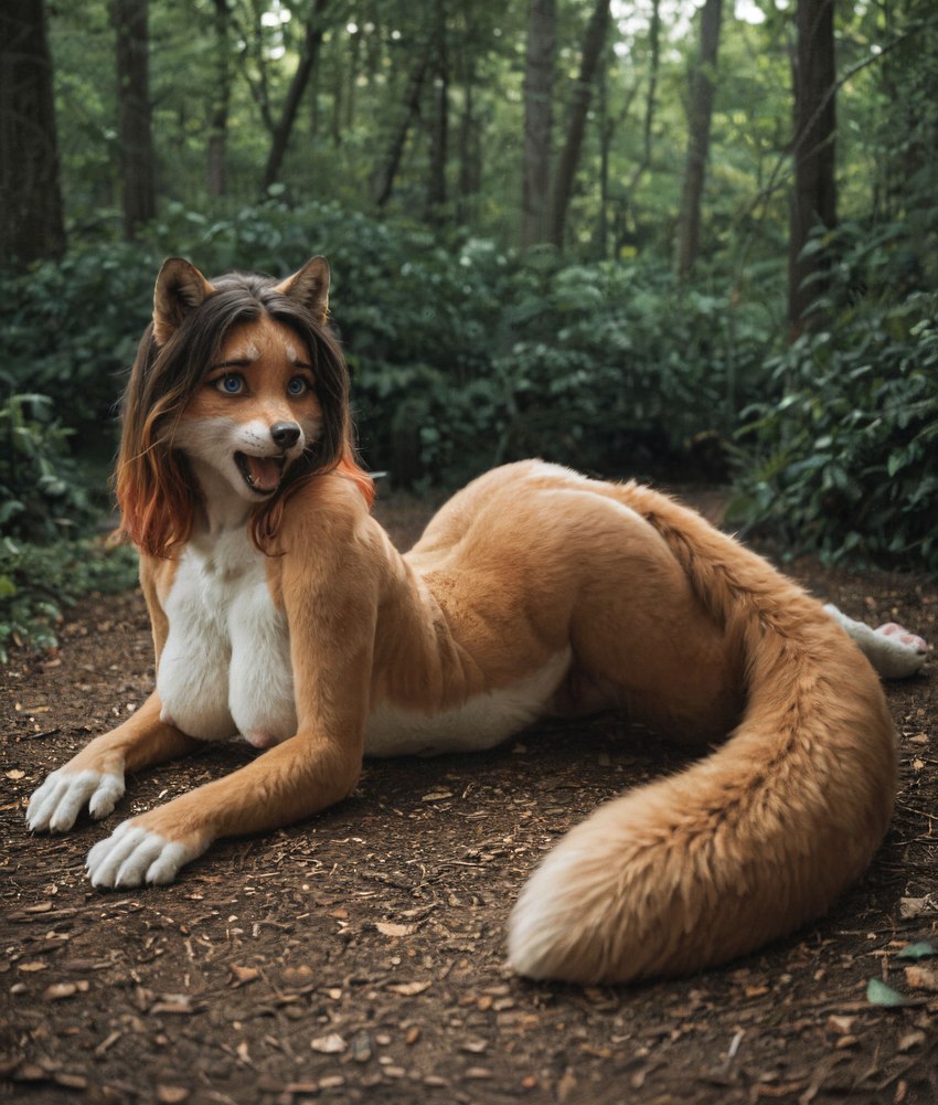 after_transformation anthro bushy_tail female feral forest fur gasping hair handpaw lying multicolored_hair on_front orange_body orange_fur paws photorealistic plant solo transformation tree two_tone_hair spichtf canid canine fox mammal hi_res