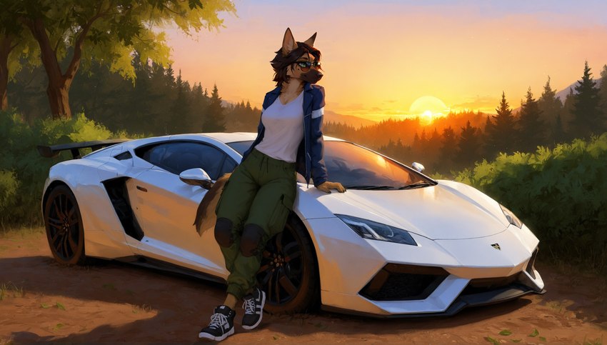 amazing_background biped black_hair bottomwear breasts brown_body brown_fur brown_hair car clothed clothing day detailed_background eyewear female footwear forest fully_clothed fur grass green_eyes hair jacket nature outside pants plant shirt shoes sky smile sneakers solo sun sunset tail tan_body tan_fur topwear tree vehicle white_clothing white_footwear white_shirt white_topwear anonymous_director canid canine canis domestic_dog german_shepherd herding_dog mammal pastoral_dog hi_res