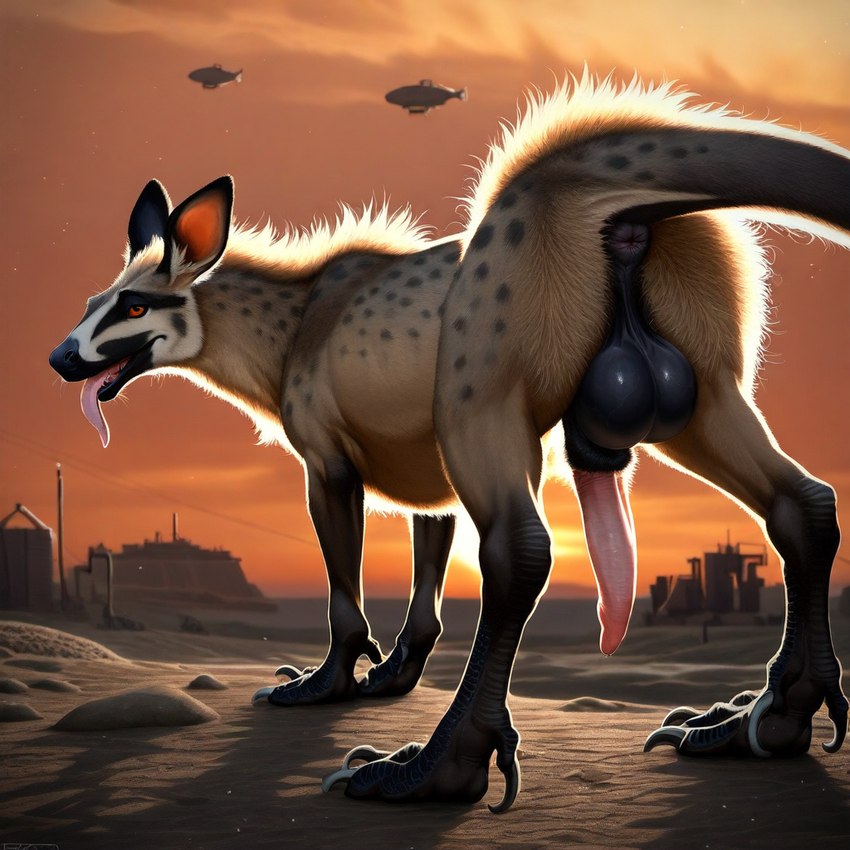 aircraft airship alien_planet animal_genitalia animal_penis anus balls black_anus breath butt claws dewclaw digitigrade equine_anus facial_markings feral fur fuzzy genitals head_markings long_ears long_tail long_tongue looking_at_viewer looking_back looking_back_at_viewer male mane markings orange_eyes panting penis pink_tongue presenting presenting_anus presenting_hindquarters red_sky scuted_legs scutes sheath sky solo spots spotted_body spotted_fur tail_tuft talons tongue tuft ausfer alien hybrid lyeen