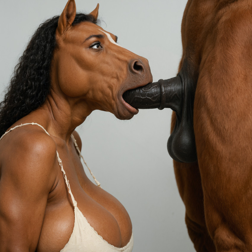 animal_genitalia animal_penis anthro big_breasts breasts dark_body dark_skin duo equine_penis fellatio female fur genitals male male/female oral penile penis sex side_view girlswithsnouts equid equine horse mammal hi_res
