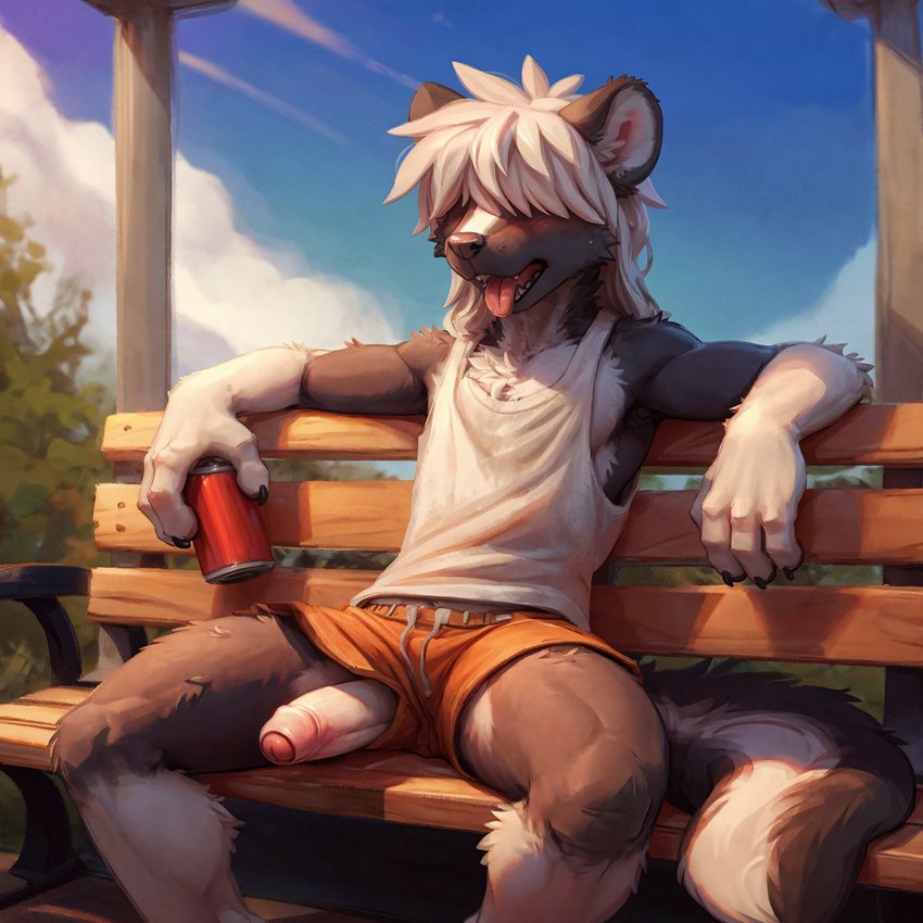 anthro bench beverage_can black_body black_fur blush bottomwear chest_tuft clothed clothing erection fluffy fluffy_tail foreskin fur genitals hair hair_over_eyes humanoid_genitalia humanoid_penis leaning leaning_back light male multicolored_body open_mouth outdoors outside penis penis_through_leghole plant poking_out public public_exposure shirt shorts sitting sitting_on_bench solo spread_legs spreading sunlight tank_top topwear tree tuft two_tone_body white_body white_fur white_hair anonymous_director mammal mephitid skunk hi_res