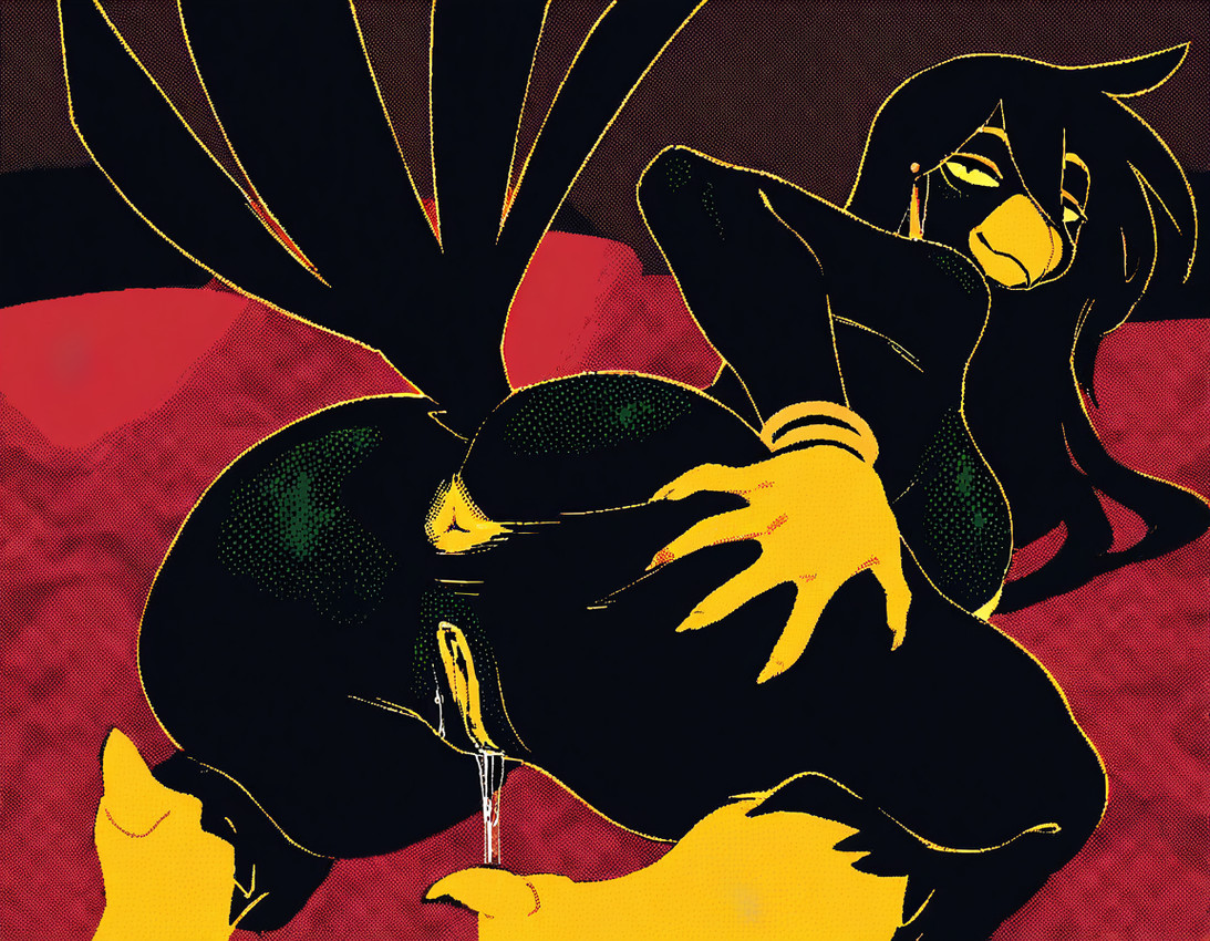 anthro anus beak bed bedroom bedroom_eyes big_butt black_body black_hair bodily_fluids bracelet breasts butt digitigrade ear_piercing ear_ring female furniture genital_fluids genitals hair inside jewelry kneeling long_hair looking_at_viewer looking_back looking_back_at_viewer narrowed_eyes nipples piercing pillow presenting presenting_anus presenting_hindquarters presenting_pussy prompt pussy pussy_juice rear_view red_background ring_piercing seductive simple_background solo spread_butt spreading tail talons yellow_anus yellow_nipples yellow_pussy yellow_sclera flergox_(director) avian bird noobai_(model)