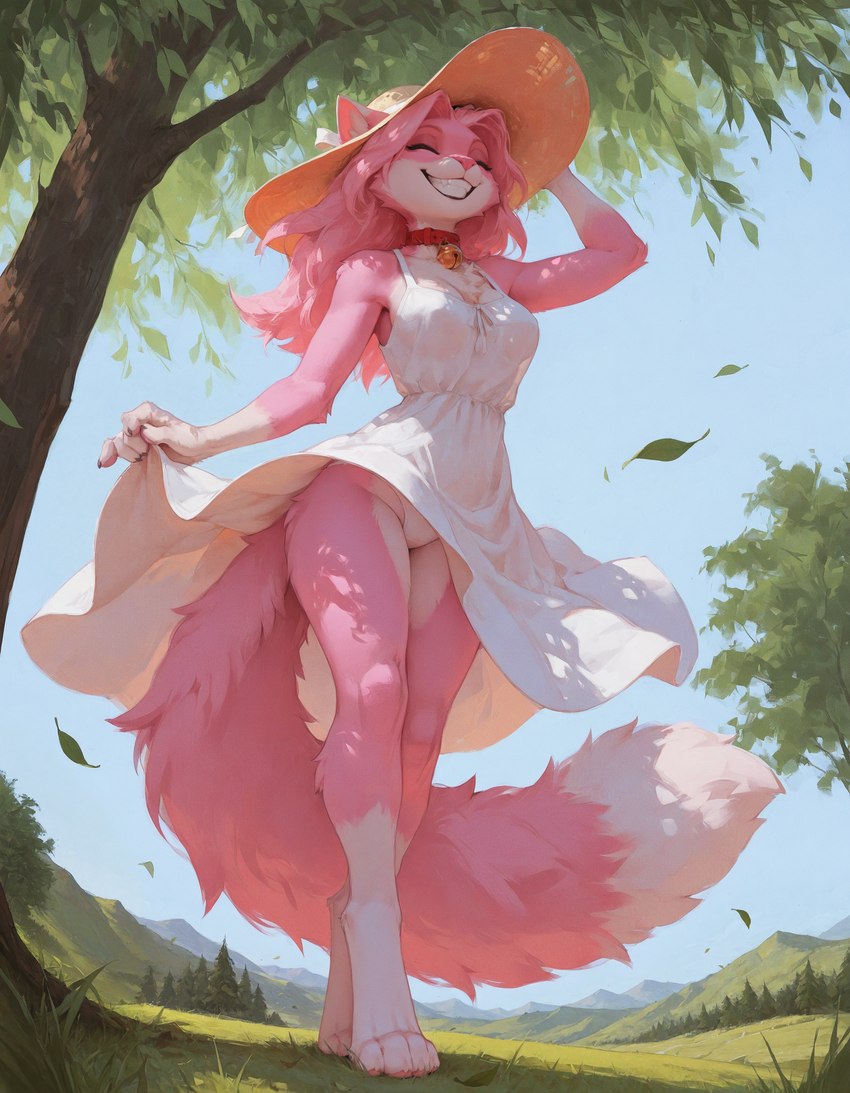 4_toes 5_fingers barefoot bell bell_collar biped blue_sky breasts claws clothed clothing clothing_lift collar countershade_face countershade_thighs countershade_torso countershading day detailed_background digitigrade dipstick_tail dress dress_lift eyebrows eyes_closed feet female fingers fisheye_lens fluffy fluffy_tail forest fur gloves_(marking) grass grin hair happy hat headgear headwear leaf leg_markings long_hair long_tail low-angle_view markings mountain_range multicolored_body multicolored_fur nature no_underwear outside panties pawpads paws pink_body pink_fur pink_hair pink_nose plant sky smile socks_(marking) solo standing sun_hat sundress tail tail_markings teeth toe_claws toes tree tuft two_tone_body two_tone_fur underwear upskirt white_body white_clothing white_dress white_fur wind gshepanon cathy_(character) canid canine domestic_cat felid feline felis fox mammal full-length_portrait hi_res portrait shaded
