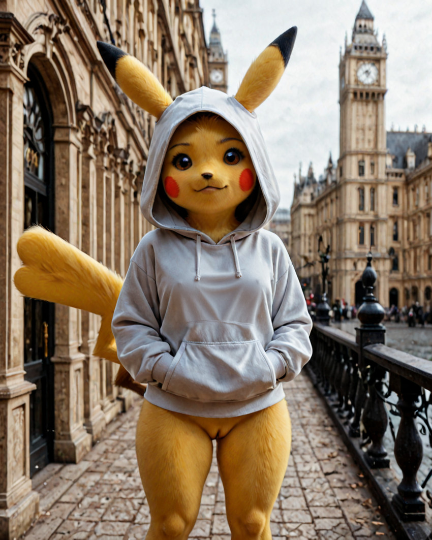 anthro bottomless city city_background clothed clothing female female_focus front_view fur furgonomic furgonomic_topwear genitals hoodie looking_at_viewer multicolored_body multicolored_fur outside pokemorph public public_exposure pussy solo solo_focus standing street text topwear denis0k nintendo pokemon generation_1_pokemon pikachu pokemon_(species) hi_res