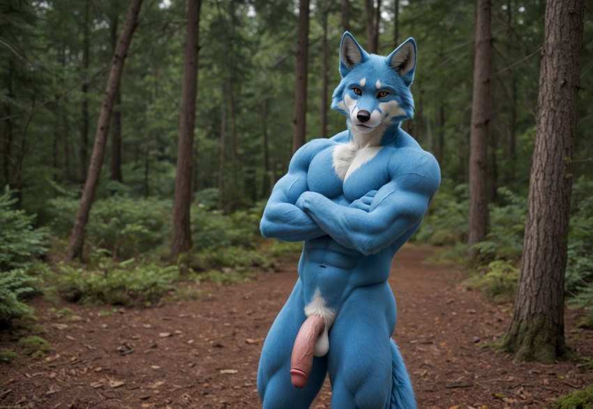 anthro blue_body blue_fur fur genitals humanoid_genitalia looking_at_viewer male muscular muscular_anthro muscular_male nude penis solo pawmaster_(director) canid canine fox humanoid mammal hi_res