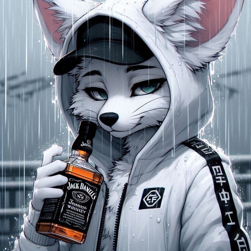 alcohol anthro beverage blue_eyes clothing hat headgear headwear hoodie jacket looking_at_viewer male railing raining solo teal_eyes topwear whiskey lucifluffy wilek canid canine fennec fox mammal