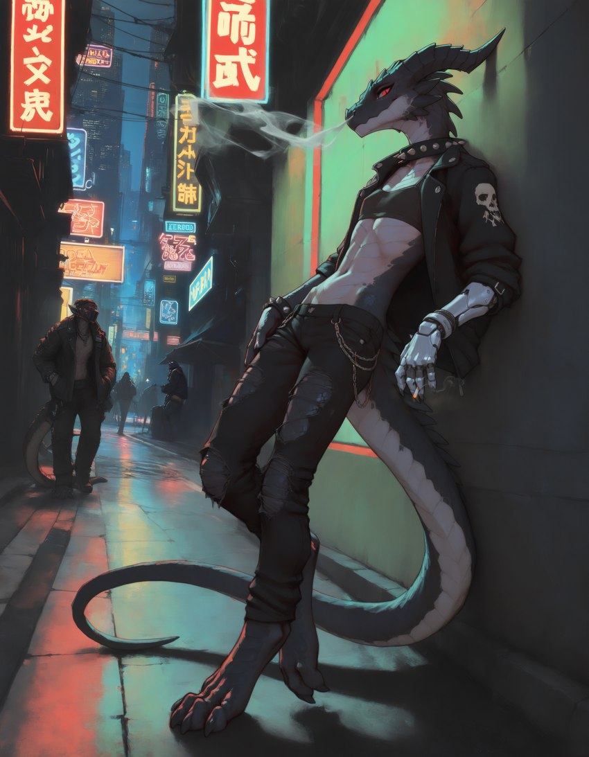 against_surface against_wall alley anthro barefoot bottomwear breasts chain cigarette city city_background claws clothed clothing collar cybernetic_arm cybernetic_limb cybernetics cyberpunk denim detailed_background digitigrade feet female flat_chested group horn jacket leaning leaning_back leather leather_clothing leather_topwear looking_at_viewer machine male midriff navel neon_lights night non-mammal_breasts open_clothing open_topwear outside pants punk red_eyes scales shirt sign small_waist smoke smoking solo solo_focus spiked_collar spikes standing text toes topwear torn_bottomwear torn_clothing trio anotheranon cyborg dragon reptile scalie absurd_res hi_res japanese_text