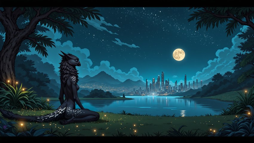 anthro beak black_body black_fur breasts city city_background cloud eyes_closed featureless_breasts feet female fluffy full_moon fur kneeling kneeling_on_ground lake landscape long_tail moon neck_tuft night plant side_view sky slim small_breasts solo spots spotted_body spotted_fur star starry_sky tree tuft oldhroft shadow_(oldhroft) arthropod avian beetle elateroid firefly insect velari absurd_res hi_res wallpaper