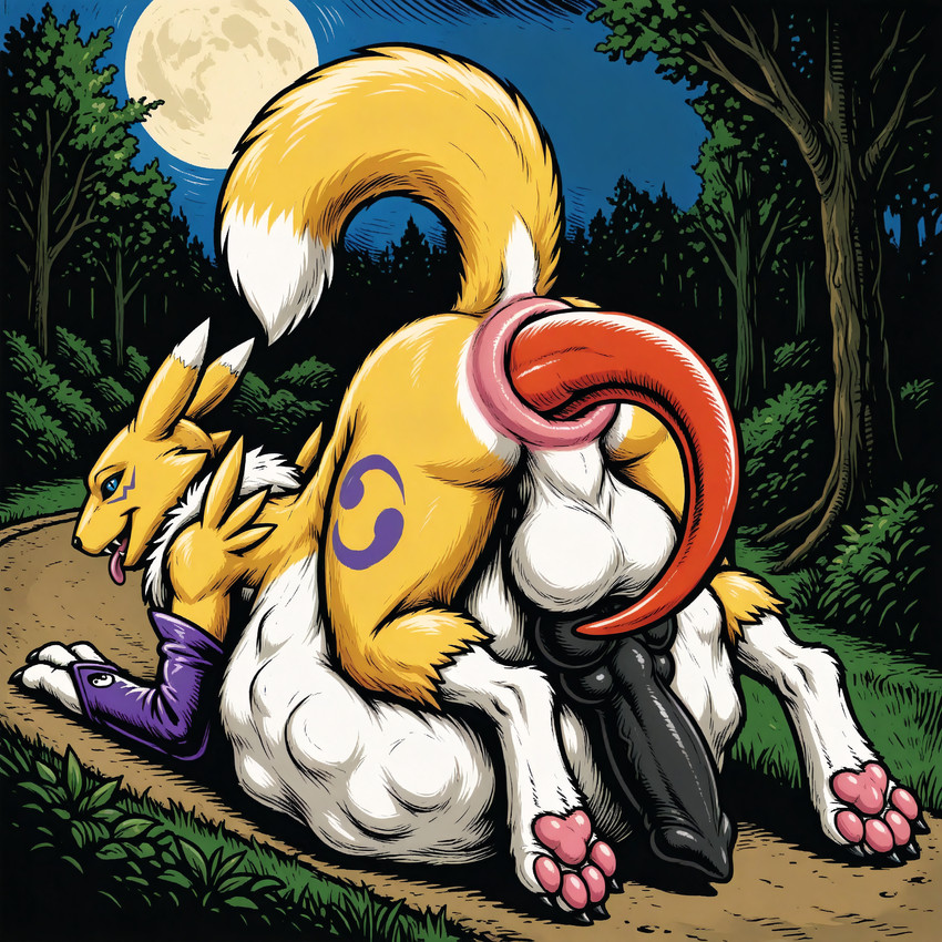 4_toes almost_fully_inside anal anal_vore animal_genitalia animal_penis anthro anus ass_up balls belly big_balls big_belly big_penis black_claws black_penis black_sclera black_toe_claws blue_eyes blue_sky butt canine_genitalia canine_penis claws countershading duo fangs feet forest fur furry_balls genitals hyper hyper_belly knot lying male markings moon multi_genitalia multi_knot neck_tuft night on_front on_ground open_mouth open_smile outside pawpads penis perineum pink_anus pink_pawpads pink_tongue plant puffy_anus purple_markings raised_tail rear_view sky smile tail teeth toe_claws toes tongue tongue_out tree tuft vore white_balls white_body white_countershading yellow_body yellow_fur thedavid digimon digimon_(species) guilmon renamon hi_res