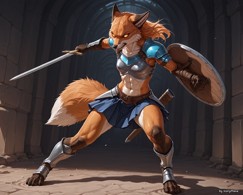 action_pose angry anthro armor bottomwear clothing ears_back ears_down female melee_weapon pivoted_ears pose shield skirt solo sword weapon ivorymane canid canine fox mammal watermark