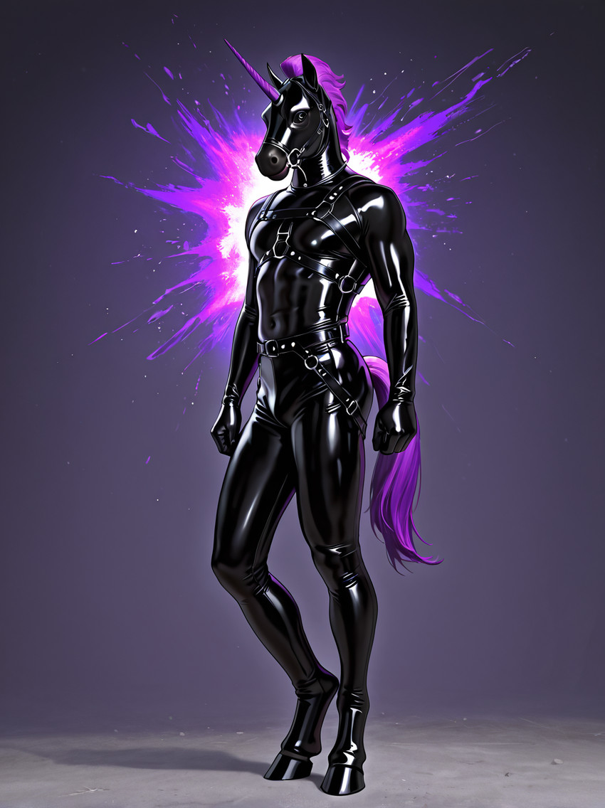 anthro bridle clothing drone glistening glistening_body harness hooves horn indigofurrymix_xl_(model) latex latex_skinsuit male mane mask purple_horn purple_mane purple_tail rubber_clothing rubber_suit solo ssurgul equid equine mammal unicorn hi_res
