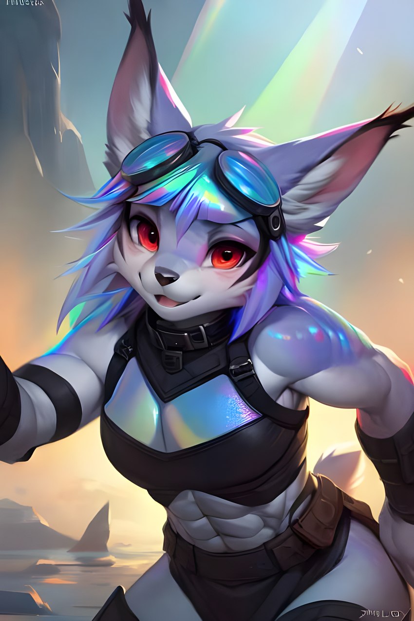 anthro clothed clothing female fur hair iridescent looking_at_viewer smile solo solo_focus white_body white_fur nikfur felid feline lynx mammal absurd_res hi_res